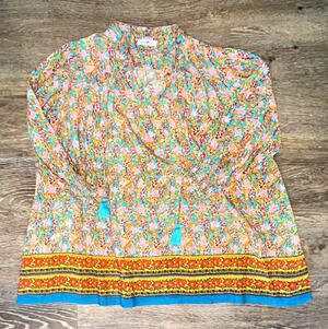 Natural Life Floral Multicolor V-Neck Tassel Tunic Blouse Long Sleeve Size S